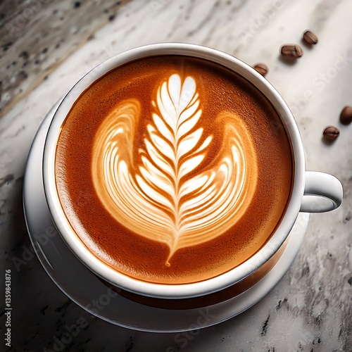 Elegant Overhead Shot of White Ceramic Coffee Cup with Latte Art on Marble Table – Stylish Coffee Photography