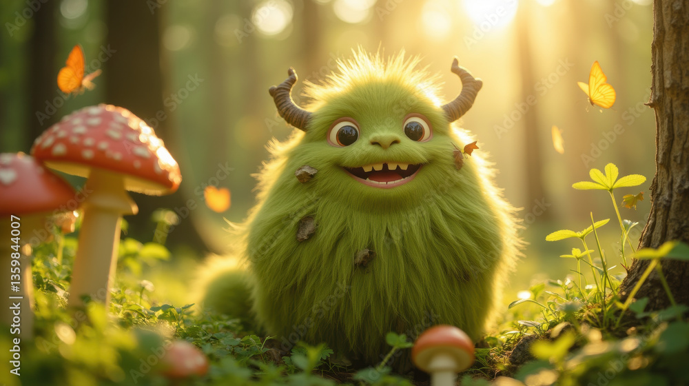 Fototapeta premium cute green creature with fluffy fur and horns sits among mushrooms in sunlit forest, surrounded by butterflies