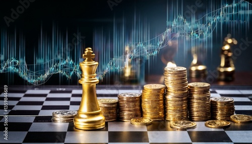 Financial Strategy: A golden chess piece symbolizing leadership stands amidst a board adorned with stacks of coins, strategically positioned against a backdrop of financial charts.