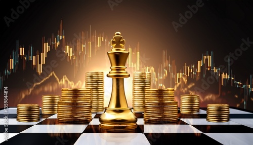 Chess Piece Strategy: A gold king chess piece stands at the center of a chessboard amidst stacks of coins, set against a background of stock market graphs.