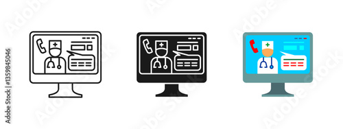 Telemedicine consultation icon. Online doctor appointment vector illustration. Virtual healthcare communication and diagnosis service symbol. Medical support and hospital assistance pictogram.