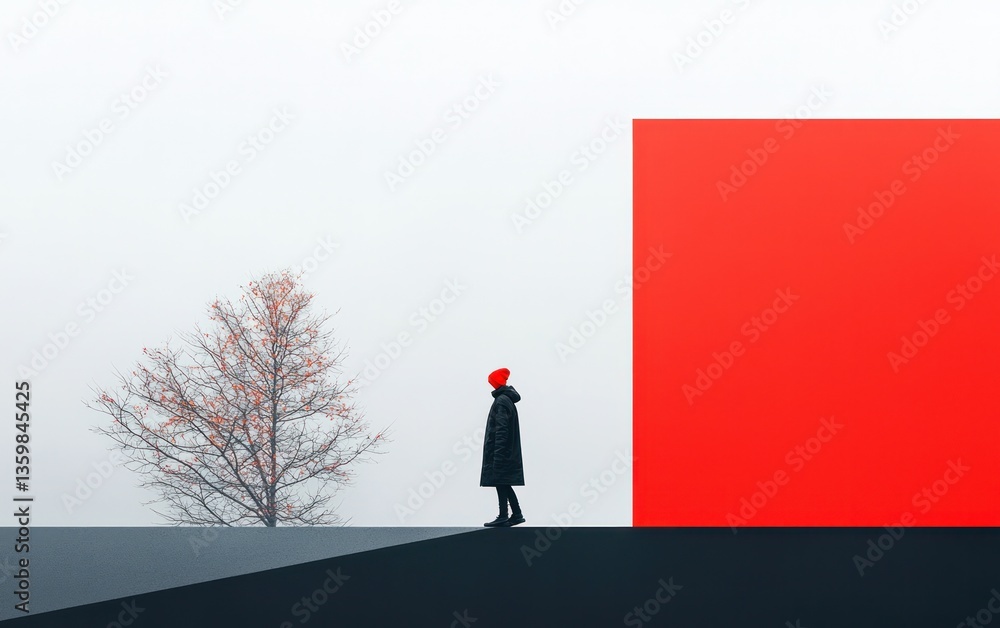 A minimalist illustration features a lone figure in a dark coat standing before a large, vibrant red square and a small, brown tree. The scene is set against a muted background, creating a stark A minimalist illustration features a lone figure in a dark coat standing before a large, vibrant red square and a small, brown tree. The scene is set against a muted background, creating a stark