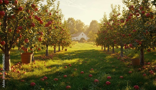 A sun-drenched apple orchard with ripe fruit and a charming white house.