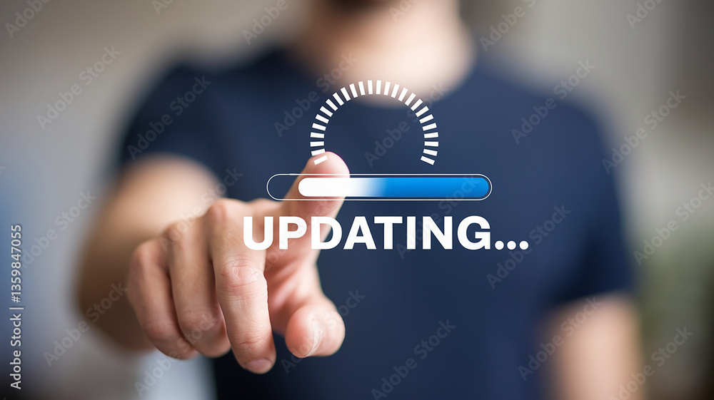 hand pushing a button on a touch screen interface, updating hand pushing a button on a touch screen interface, updating