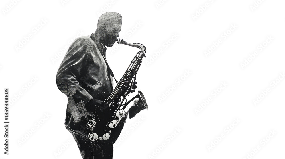 Obraz premium Harmony in Black and White: A skilled musician is fully immersed in the melodic symphony as the saxophone is played, with an expression of deep emotion. The image depicts the artistic skill, culture.
