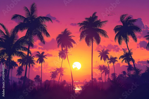 Vibrant sunset over a tropical beach with silhouetted palm trees and a serene ocean background