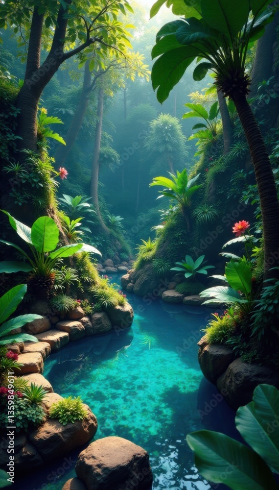 Fototapeta premium Exotic foliage surrounds a serene pool, intricate patterns and hues, green, pool