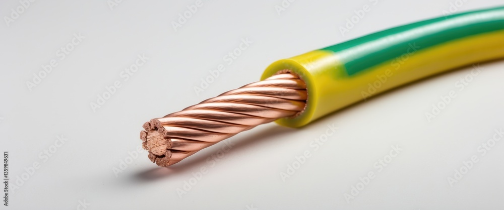 Damaged yellow and green insulated cable, with cut wire isolated on a white background, macro shot.