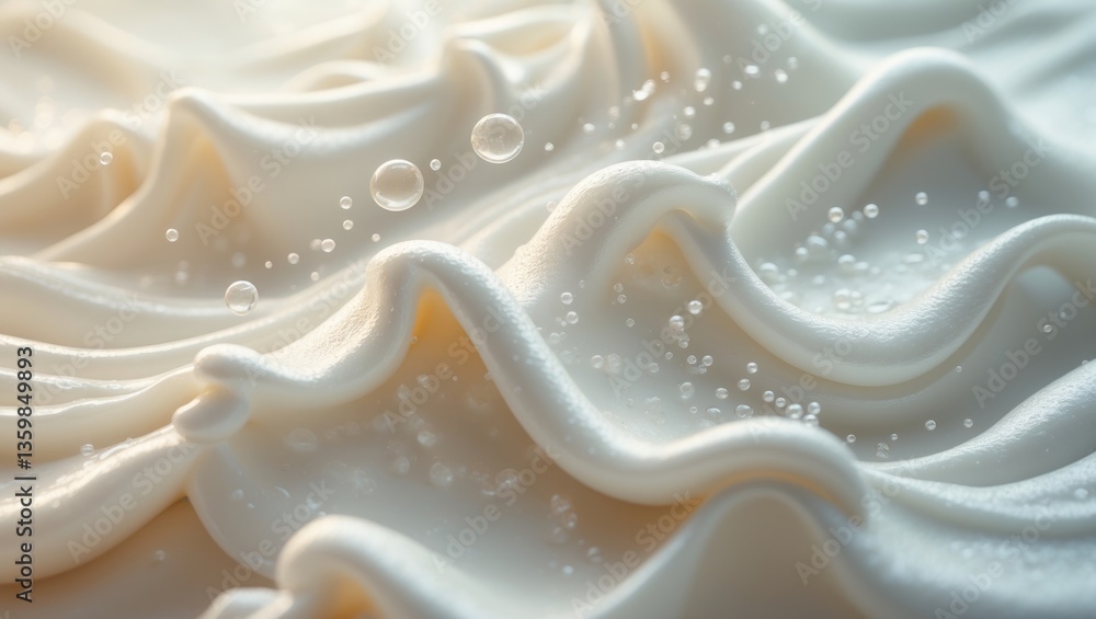 A close-up view of white creamy foam showcasing gentle waves and bubbles; the soft texture and delicate light create a calming and clean aesthetic, ideal for a theme. A close-up view of white creamy foam showcasing gentle waves and bubbles; the soft texture and delicate light create a calming and clean aesthetic, ideal for a theme.