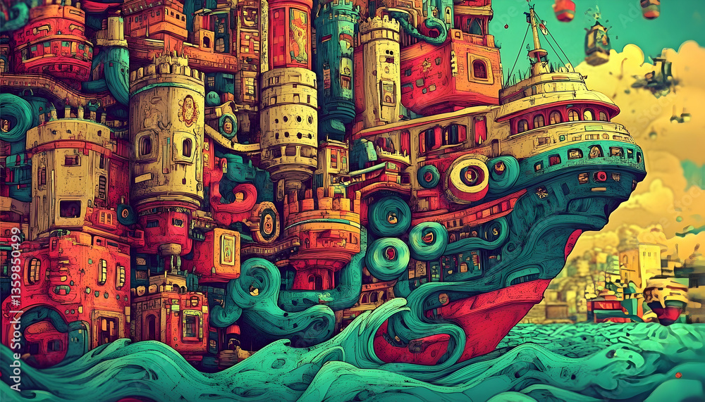 Fototapeta premium Vibrant surreal cityscape with whimsical ships and colorful buildings amidst a lively ocean backdrop