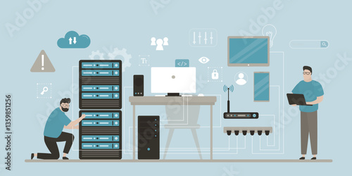 Modern data center, worker men repair and setup server. Room interior with desktop computer, information technology equipment for cloud storage, cyber security control.