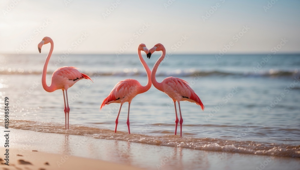 Obraz premium Three flamingos can be spotted on the shore.
