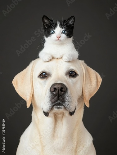 A yellow Labrador retriever dog with an adorable black and white kitten sitting on its head, isolated in front of the camera against a solid dark background, studio photography
