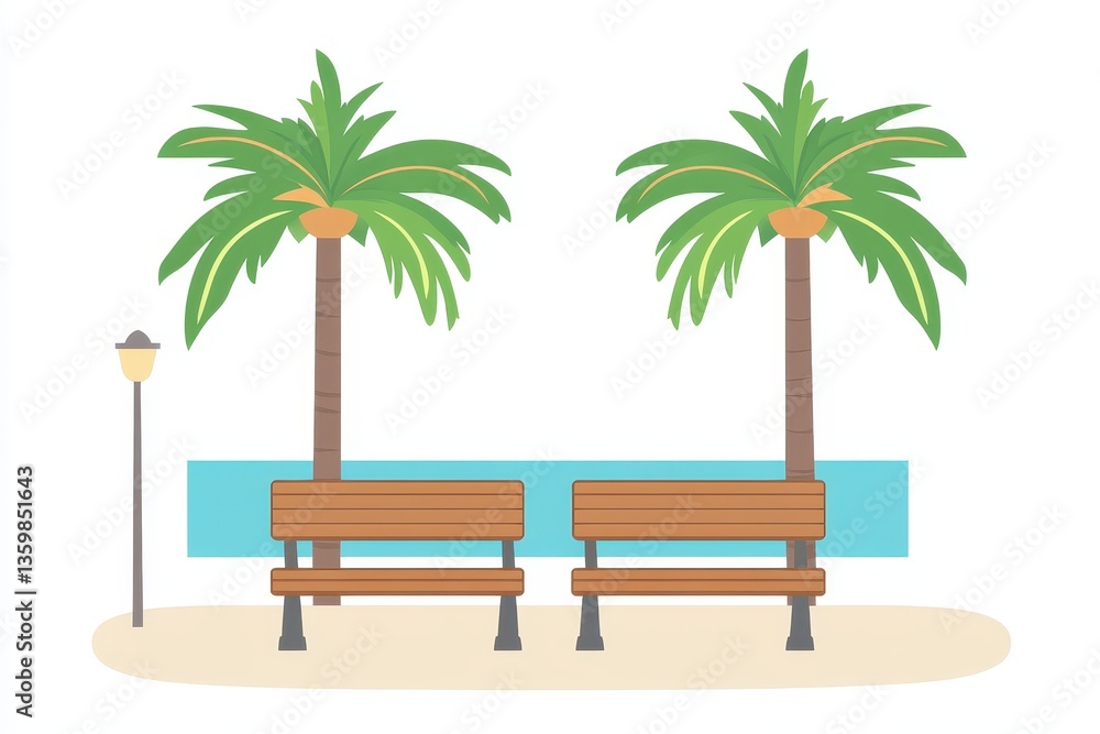 Fototapeta premium Relaxing Beach Scene with Palm Trees and Wooden Benches