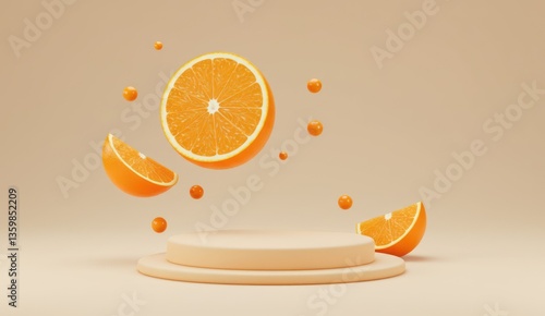 Orange slices and spheres float around a beige platform on a beige background.