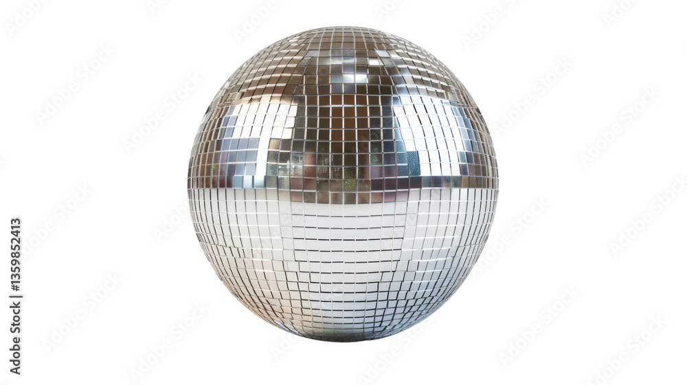 Fototapeta premium Sparkling Disco Ball: The iconic mirror ball, a beacon of celebration and dance, reflects and refracts light in a dynamic display, a symbol of parties and festive energy.
