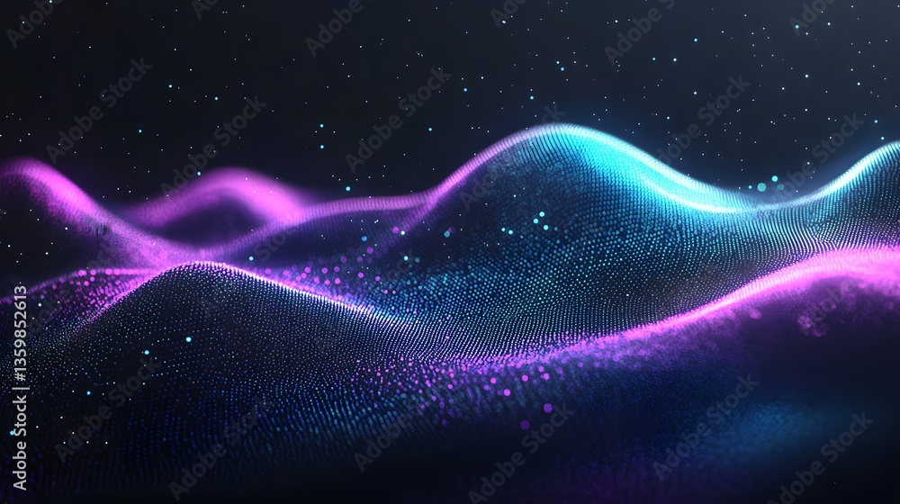 Obraz premium Abstract Waves Displaying Sparkling Data Points Across The Dark Background