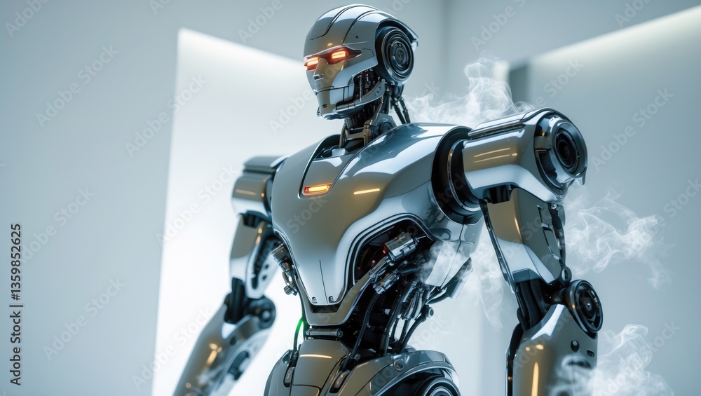 A contemporary robot set against a white backdrop A contemporary robot set against a white backdrop