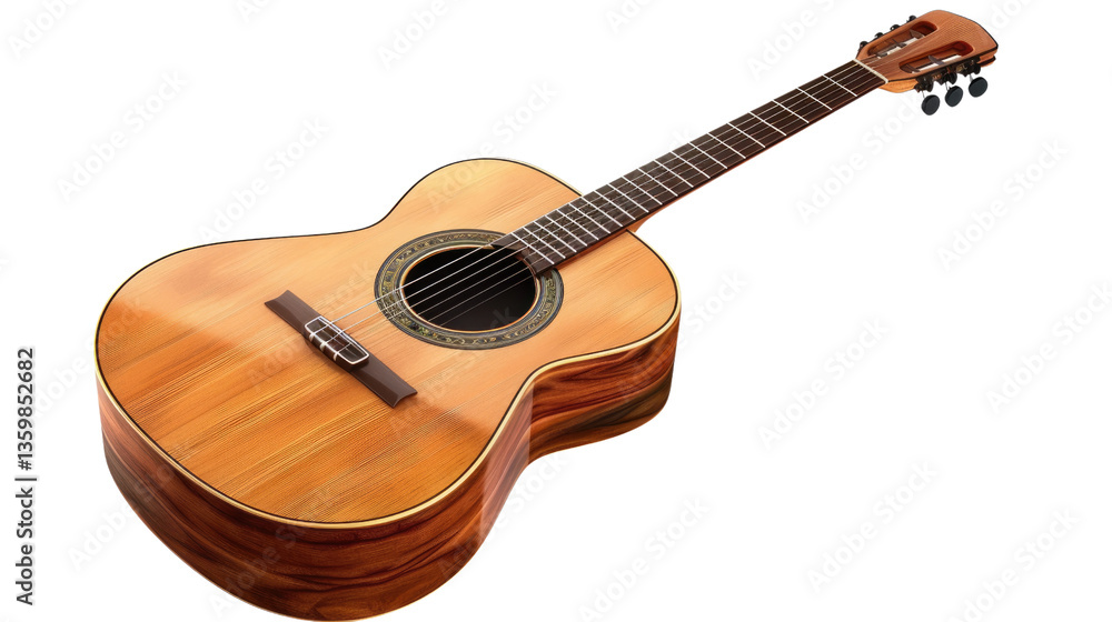 Fototapeta premium Classic Acoustic Guitar: A finely crafted acoustic guitar, showcasing its warm wooden tones, strings, and detailed construction, stands poised for music making.