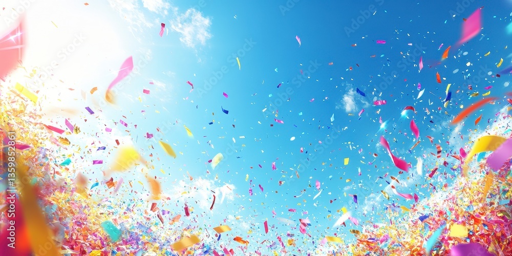Fototapeta premium Celebratory Confetti Shower Against a Bright Blue Sky Backdrop For Festivities and Special Occasions