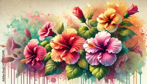 Wallpaper Mural A vibrant watercolor painting of blooming hibiscus flowers in a variety of colors, including red, pink, yellow, and orange, with lush green leaves Torontodigital.ca