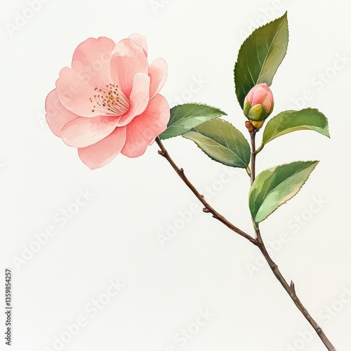 Delicate Pink Camellia Blossom with Green Leaves Watercolor Illustration on White Background