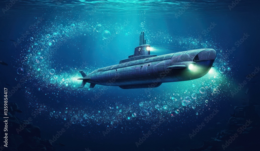Fototapeta premium A submarine surrounded by bubbles in a deep blue ocean. An illustration.