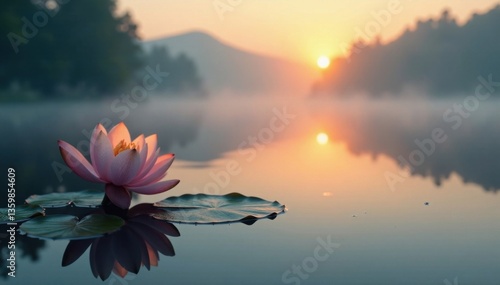 Foggy lake surface reflecting soft glow of water lily pads at dawn, dawn, gentle light