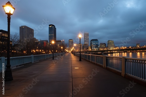 Serene Cityscape at Dusk with Streetlights and Calm Water Reflection