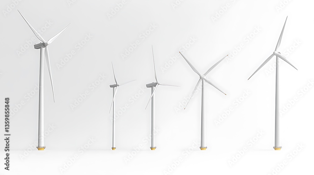 Several white wind turbines displayed in a minimalist and bright design