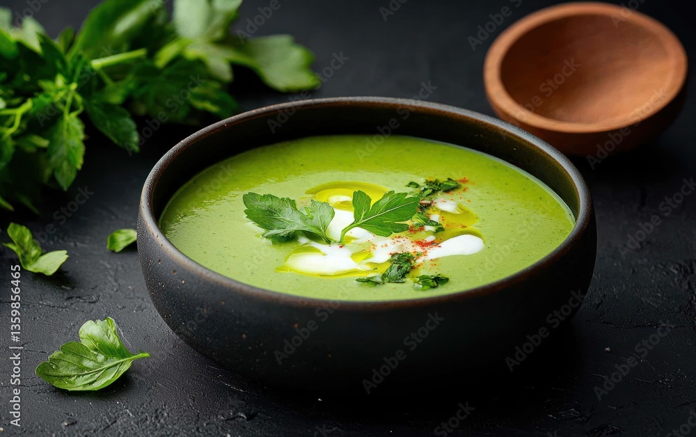 Creamy green soup in dark bowl, garnished with herbs and a swirl of cream, on dark background. Fresh herbs are scattered nearby Creamy green soup in dark bowl, garnished with herbs and a swirl of cream, on dark background. Fresh herbs are scattered nearby