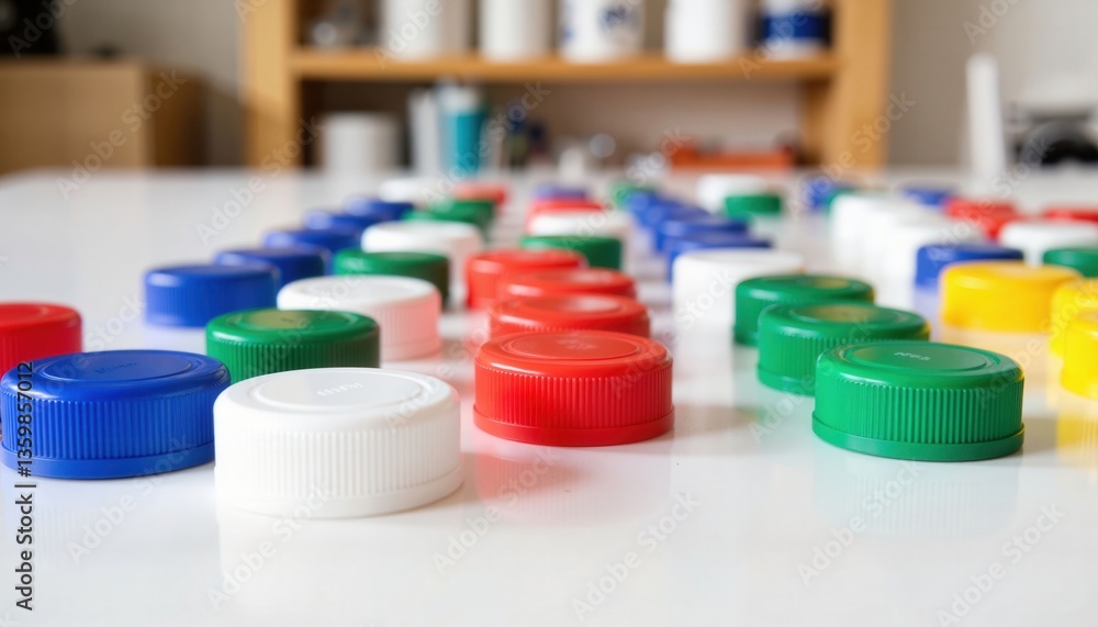 Organized plastic bottle caps arranged artistically on white table, recycling concept Organized plastic bottle caps arranged artistically on white table, recycling concept