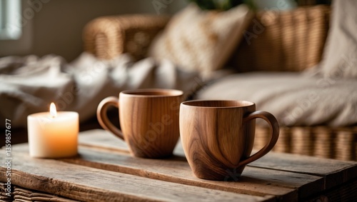 Wallpaper Mural Two wooden cups are the focus of this selective emphasis in a living room featuring a coffee table and a soft backdrop. A candle, wicker furniture crafted from recycled materials, and bedding in a ... Torontodigital.ca