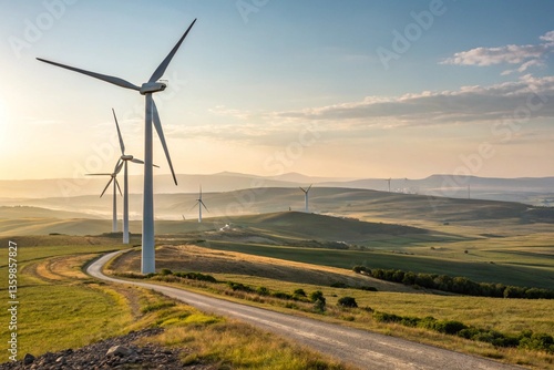 view of wind farm with tall wind turbines to generate electricity. Green energy concept.