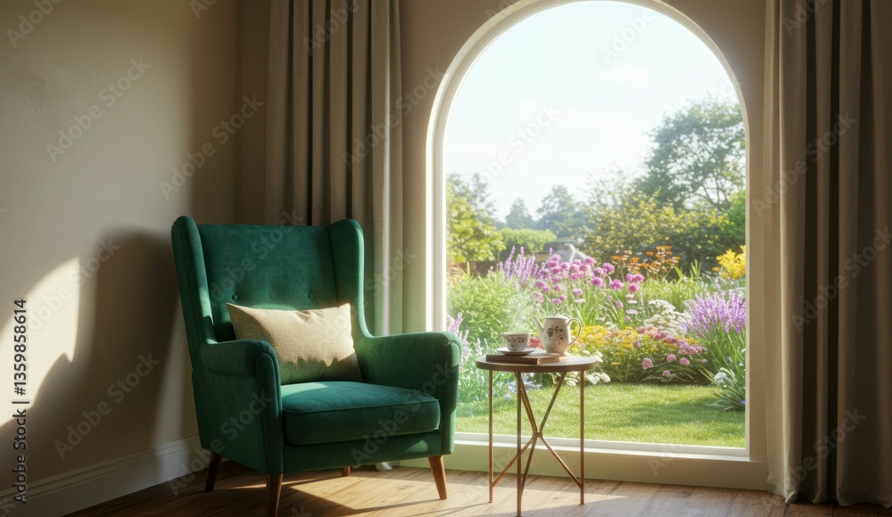 Obraz premium Elegant living space with armchair, tea set and garden view. Calm and peaceful.