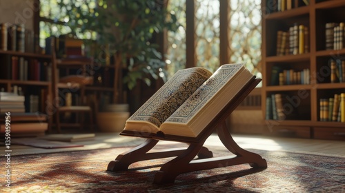 Tranquil Quran on wooden stand in cozy study room