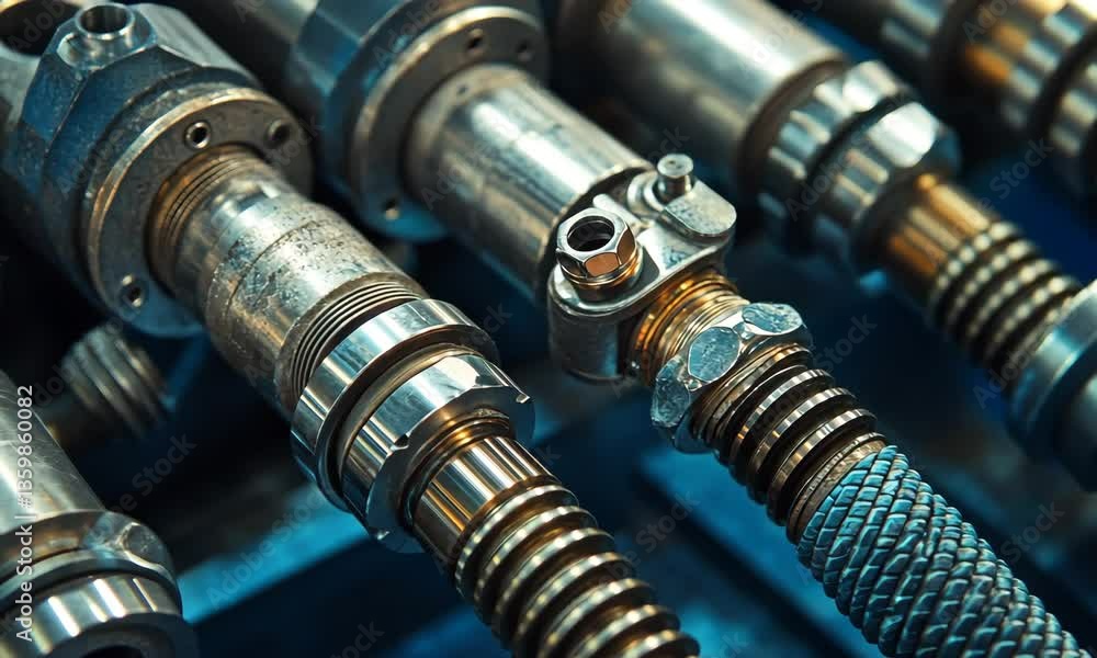 Close Up of Intricate Metal Components and Connections in an Industrial Machinery Setup Close Up of Intricate Metal Components and Connections in an Industrial Machinery Setup