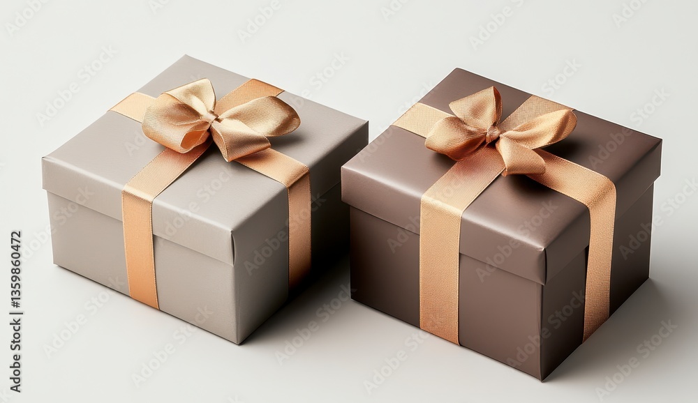 Two Square Gift Boxes in Gray and Brown with Gold Ribbons Against a White Background Two Square Gift Boxes in Gray and Brown with Gold Ribbons Against a White Background