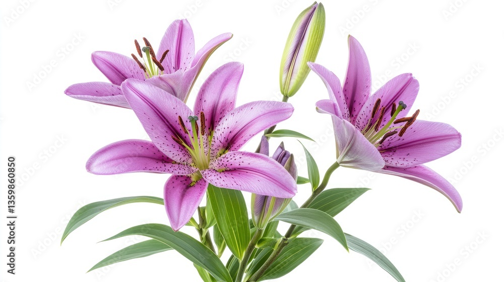 Obraz premium Vibrant pink lilies in full bloom surrounded by lush green leaves against a bright white background