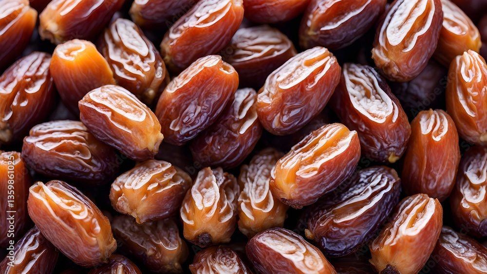 Close-up view a pile succulent Medjool dates, showcasing their rich brown color natural sweetness.