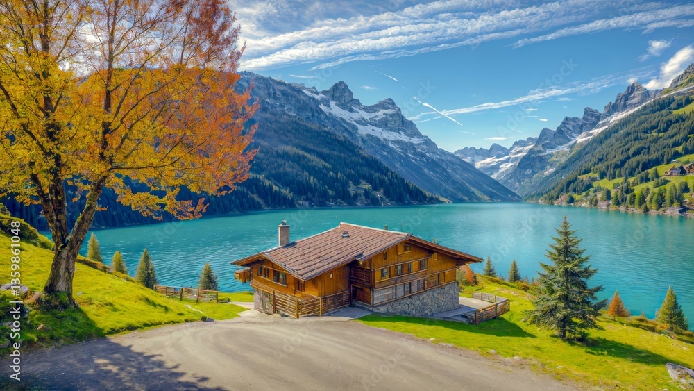 Fototapeta premium Picturesque Chalet by Turquoise Mountain Lake in Vibrant Autumn Colors.