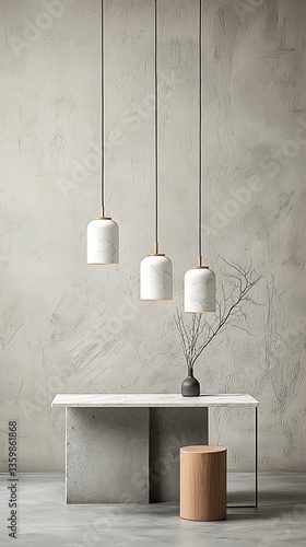 Modern pendant lights over a marble table