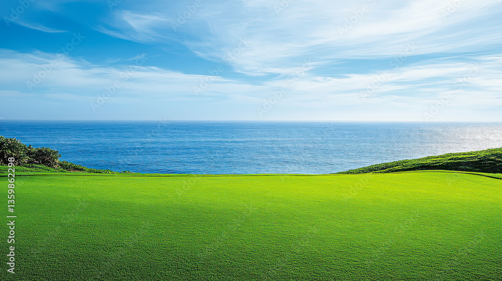 Obraz premium Beautiful green grass lawn with a blue sky and sea background