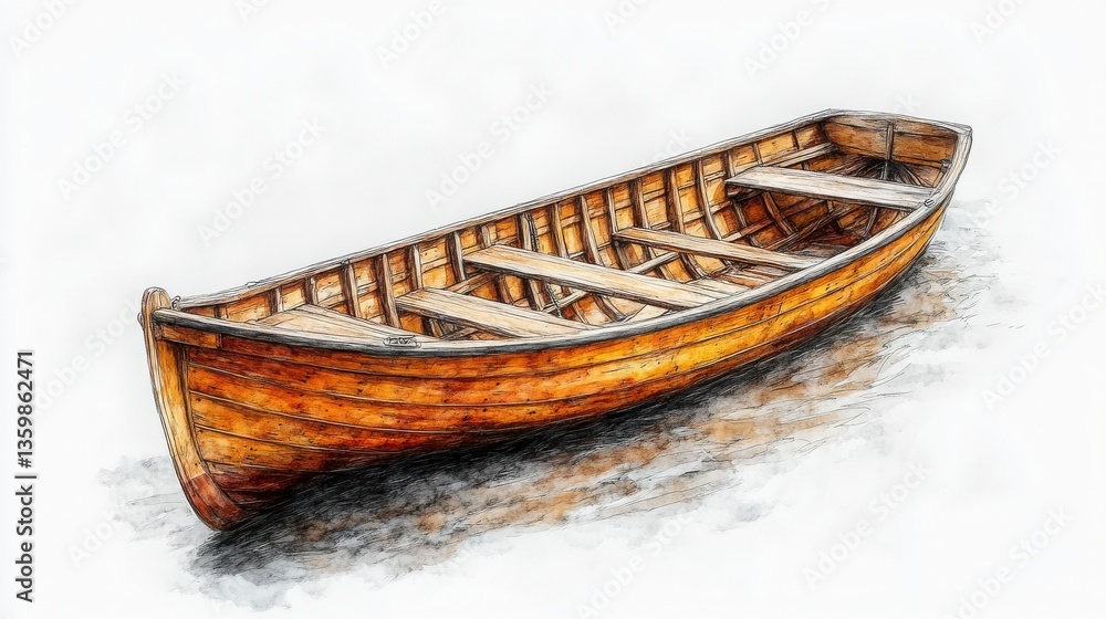 Wooden hulled rowboat floating on calm water with a nautical-themed sketch in the background Wooden hulled rowboat floating on calm water with a nautical-themed sketch in the background