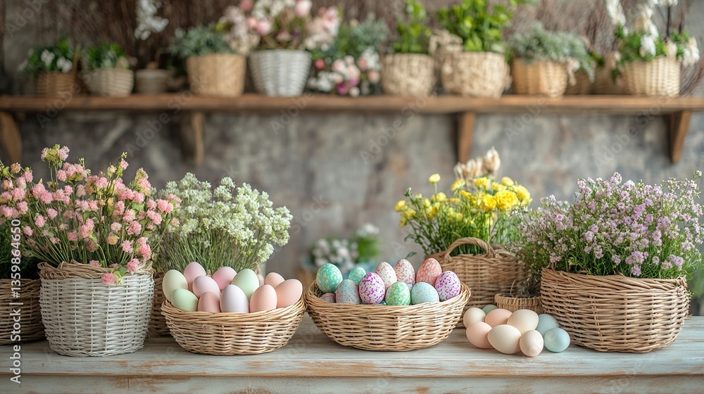 Fototapeta premium A charming Easter market stall with baskets filled with pastel eggs, fresh flowers, and light wooden textures. 