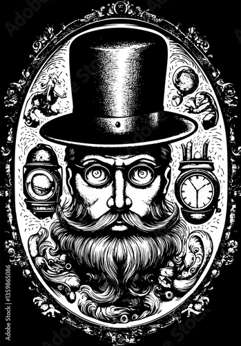 Vintage vector illustration of a gentleman with a top hat and mustache, drawn in a classic engraving style. Generated AI