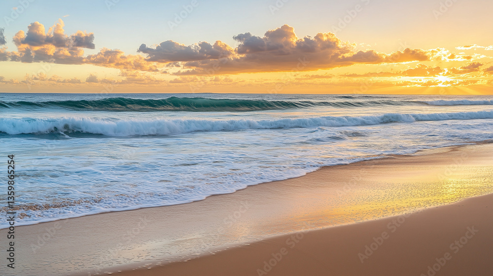 Obraz premium Serene Ocean Sunset with Soft Waves and Golden Reflections