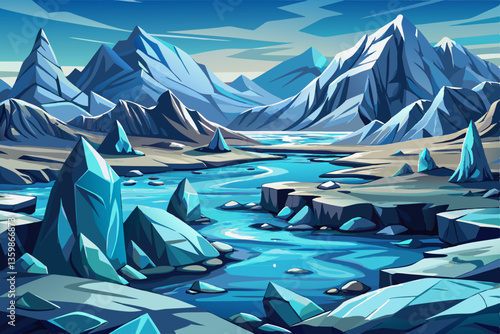 landscape of snowy north pole with icy field and rocks illustration cartoon
