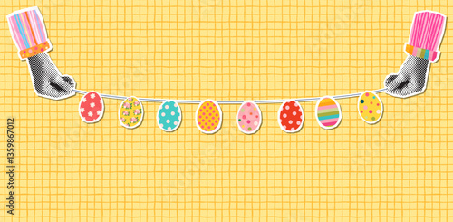 Cute bunting with Easter eggs in halftone collage style, colorful background, poster, flyer with hands holding a garland