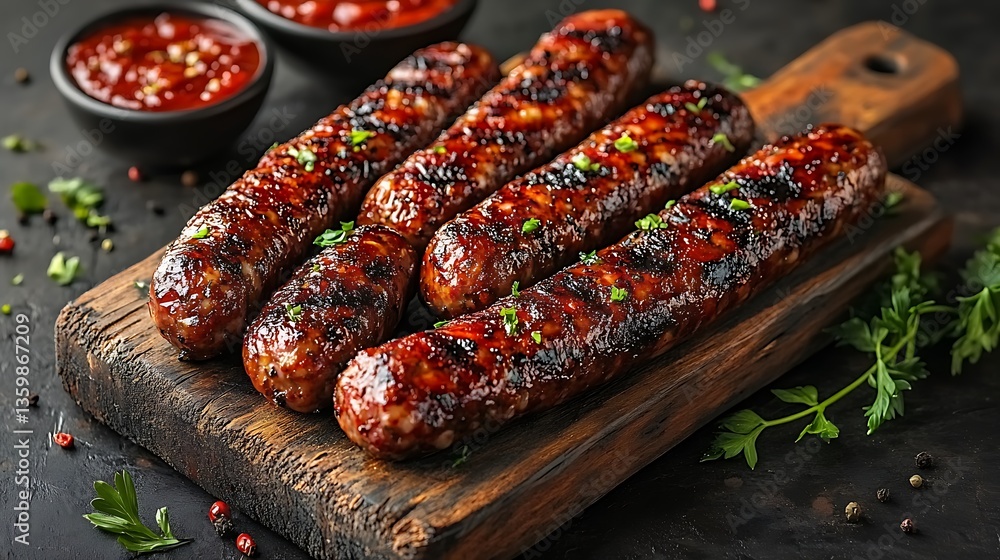 Grilled sausages and sauce arranged on a rustic wooden serving board